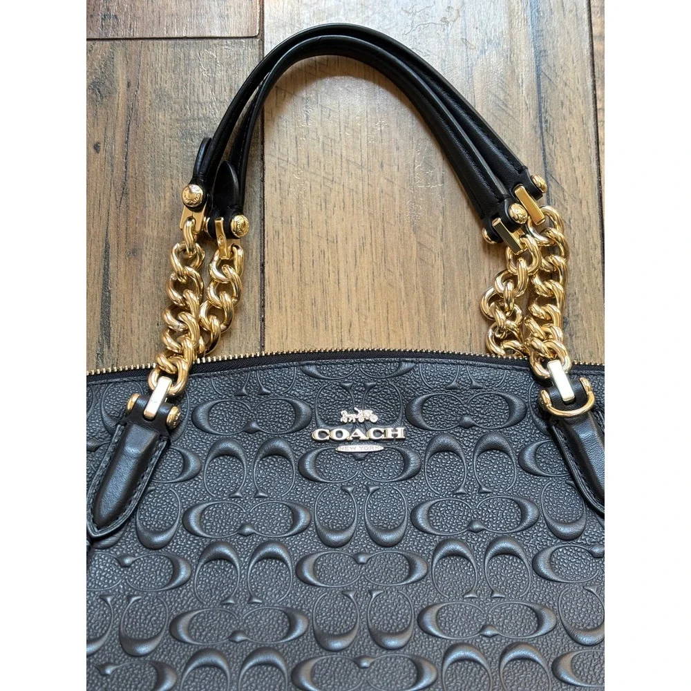 Coach Black Embossed Signature Leather Small Kelsey Satchel Gold Chain Detail - Picture 5 of 14
